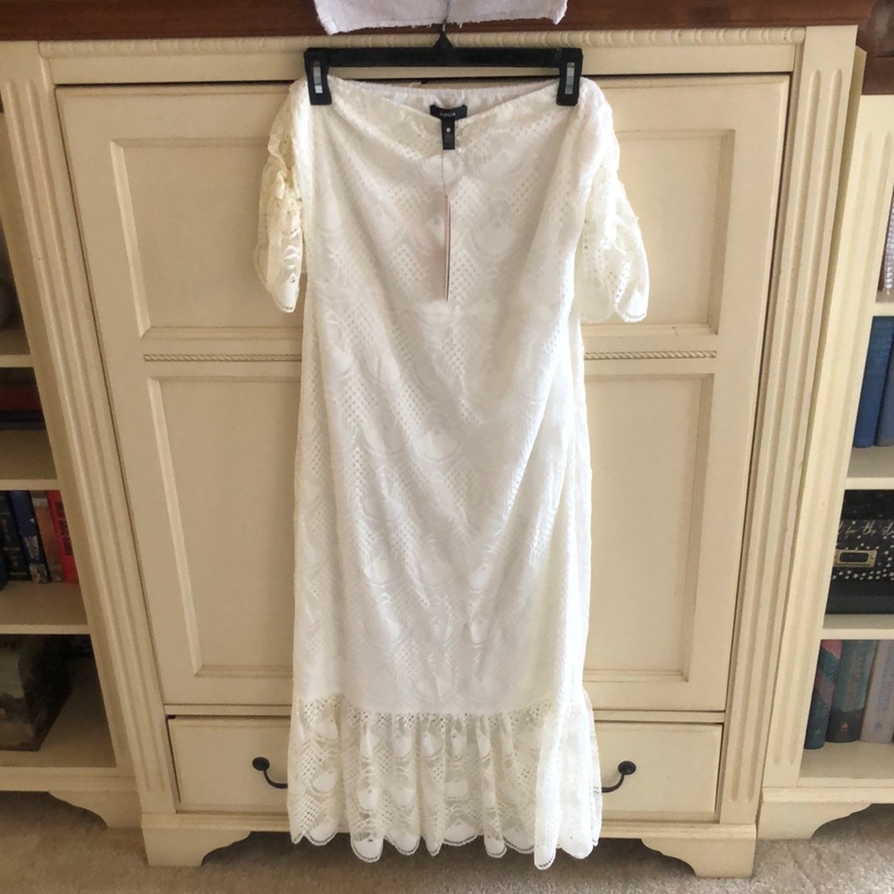 Aqua Ditsy Floral Lace Off-the-Shoulder Length Dress Small Color White NWT